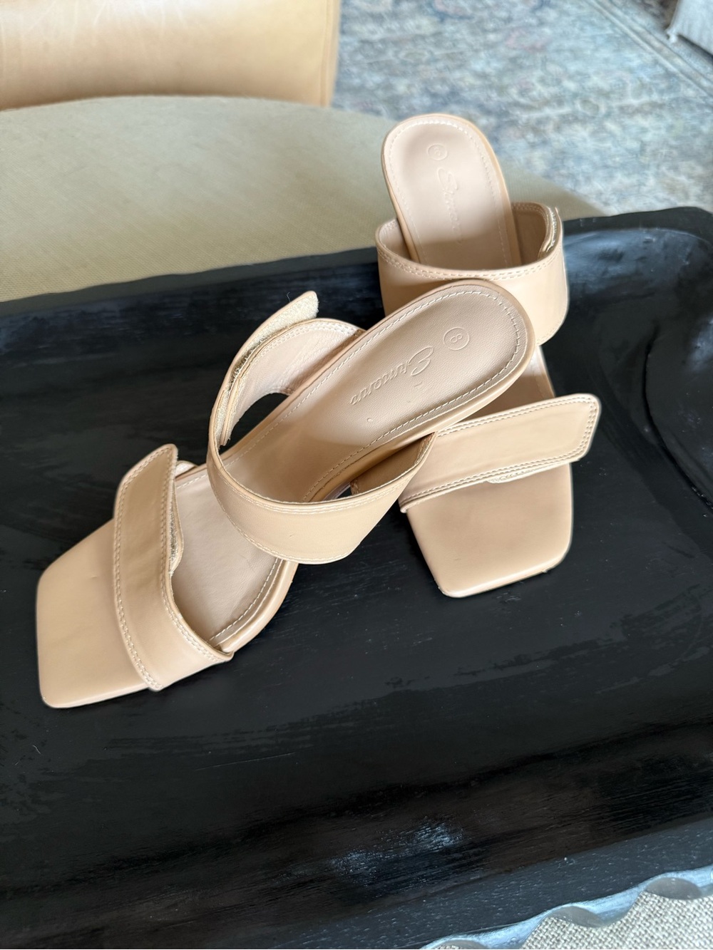 Jessica Beige Double-Strap Square-Toe Heeled Sandals